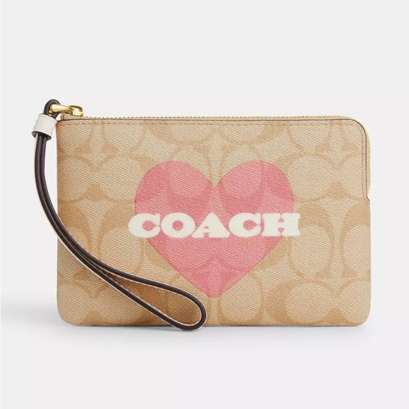 Coach Corner Zip Wristlet In Signature Canvas With Heart Print - Picture 1 of 3